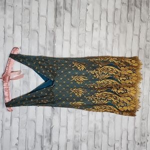 Miguelina Blue Gold Silk Lace Mini Dress